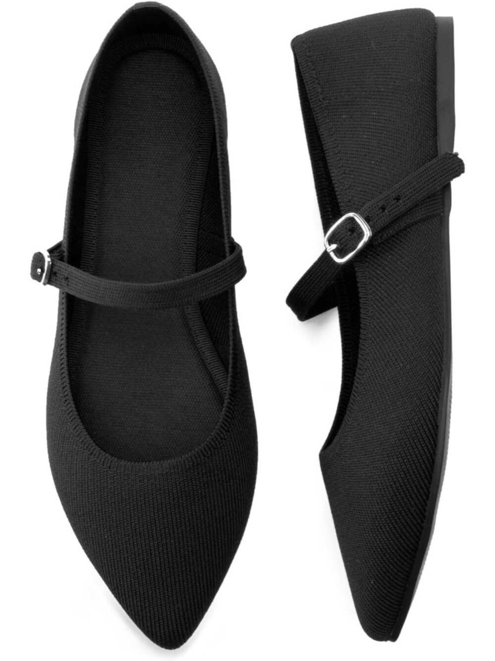 Women's Black Comfortable Pointed Toe Adjustable Strap Knit Ballet Flat Shoes